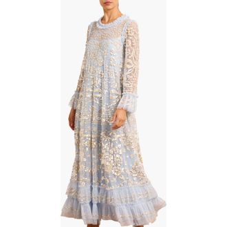 Needle & Thread Celia Long Sleeve Ankle Gown in Dusk Blue/gold at Nordstrom, Size 10