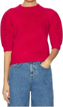 bobi Mock Neck Puff Sleeve Sweater Top In Red