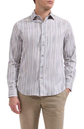 Bugatchi Julian Shaped Fit Brushstroke Stripe Print Stretch Cotton Button-Up Shirt in Shark at Nordstrom, Size Xx-Large