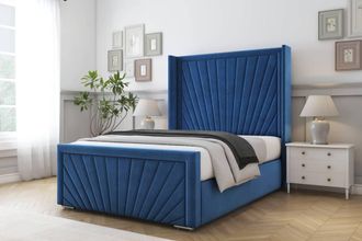 Comfort Beds Sunrise Plush Bed Frame - 50 Upholstered Wingback Headboard in Navy | Size: Single
