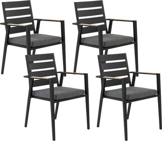 Beliani Conjunto De 4 Sillas De Jard&iacute;n De Metal Negro Gris Madera Clara Cojines Taviano