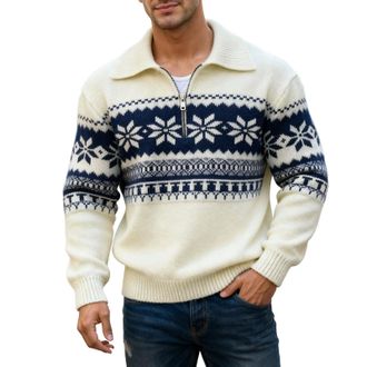 Generic Mens Jumper UK Knitted Look Warm Casual Knit Mens Sweaters Knitwear Thermal Lapel Print Jumpers for Men UK Designer Fleece Loose Fit Thickened Pullove