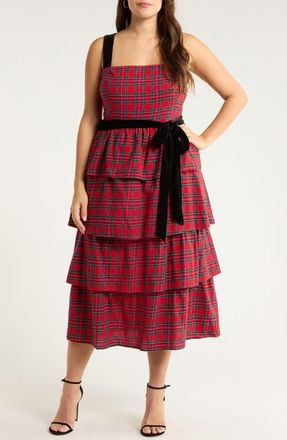 Sugarlips Arvada Plaid Mari Smocked Tiered Maxi Dress in Red-Multi at Nordstrom, Size 1X