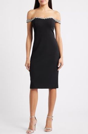Eliza J Embellished Off the Shoulder Cocktail Dress in Black at Nordstrom Rack, Size 4
