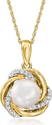 Ross-Simons 7mm Cultured Pearl Love Knot Pendant Necklace With Diamonds in 14kt Yellow Gold