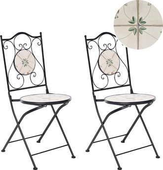 Beliani Conjunto 2 Sillas De Jard&iacute;n De Metal Estilo Hierro Forjado Plegables Con Azulejos De Mosaico Cer&aacute;mico Blanco Roto Carona