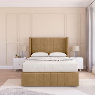 Sloomy Melbourne Plush Bed Set, No Drawers & 54 Wingback Headboard in Light Brown | Size: Small Single