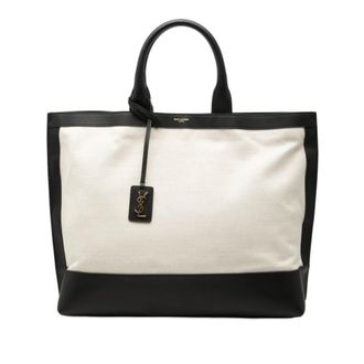 Saint Laurent Black Ivory Canvas Leather Tote Bag (Pre-Owned)