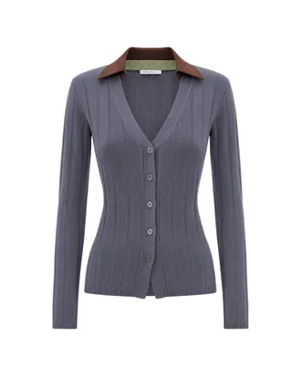 Patrizia Pepe Fitted Ribbed Knit Cardigan with Faux Leather Collar