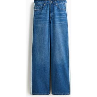 H&M Wide Regular Side-striped Jeans in Denim Blue/white at Nordstrom, Size 10