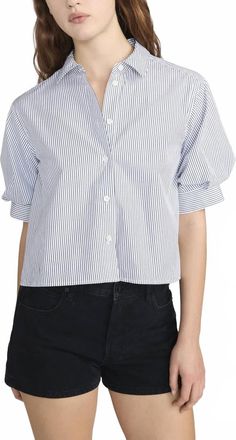 Frame Denim Billow Sleeve Shirt In Navy Stripe