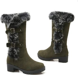 Generic Womens Lined Winter Boots in A Suede Look, Warm Mid-Calf Boots with Fur Trim And Double Straps, Non-Slip Block Heel Snow Boots for Everyday Wear And O