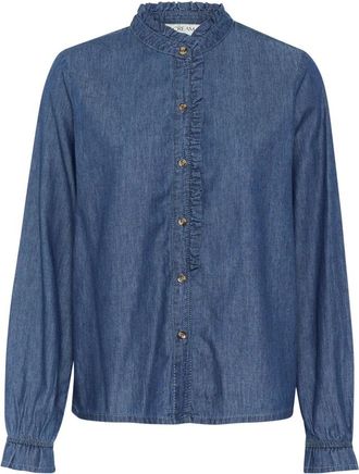Cream Blauwe Denim Overhemdblouse met Ruche - Dames - Spijkeroverhemden - Blauw - XL - Denim - Overhemden