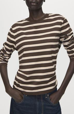 Mango Stripe Long Sleeve T-Shirt in Brown at Nordstrom, Size Medium