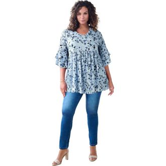 Roaman's Hand Crinkled Flutter Sleeve Tunic in Pale Blue Tossed Floral at Nordstrom, Size 14