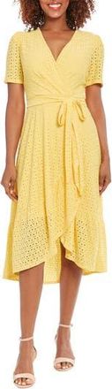 London Times Stretch Eyelet Short Sleeve Ruffle Wrap Dress in Snapdragon at Nordstrom Rack, Size 10