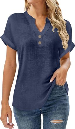 Generic Womens Cotton Linen Shirts UK 2026 Spring Summer Short Sleeve Tops Casual Button V Neck Henley Tee Dressy Comfy Solid Color Loose Fit Blouse Going Out