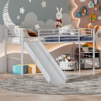 Costway Costway Loft Bed Single Size Low Loft Bed Steel Frame w/Safety Guardrails in Silver