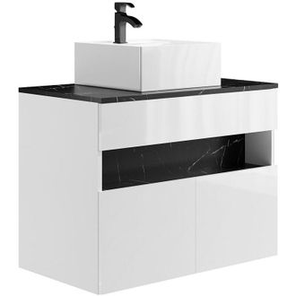 Vente-Unique Mobile per il bagno sospeso a LED con lavabo da appoggio Bianco e Nero effetto marmo L80 cm POZEGA