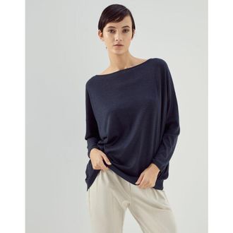 Brunello Cucinelli WomenS Cold Blue Wool Silk Boat Neck Shirt, Size XL