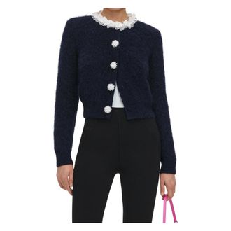 Self Portrait Cardigan met bloemen- en parelknopen - Dames - Truien - Blauw - Maat: M Zijde