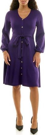 Nina Leonard Waist Tie Ribbed Long Sleeve Sweater Dress in Violet Indigo at Nordstrom Rack, Size Medium