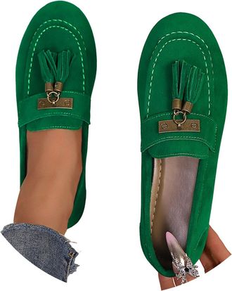 Generic Womens Loafers Tassel Suede Slip-Ons Shoes Fashionable Retro Outdoor Loafer Casual Dress Shoe for Women with Arch Support Work Flat Shoes (Green, 5.5)
