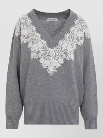Alberta Ferretti v neck sweater lace ribbed cuffs hem
