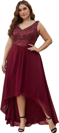 Ever-pretty Womens V Neck Sleeveless High-Low Elegant Chiffon Plus Size Prom Evening Dresses with Sequin Burgundy 26UK