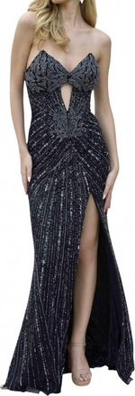Primavera Sequined V-Neck Prom Dress In Black