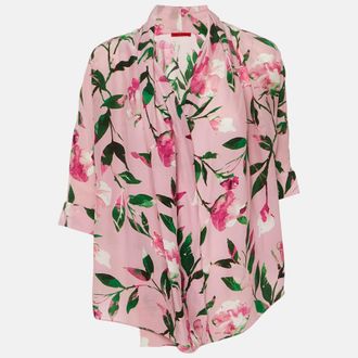 Carolina Herrera Pink Floral Print Crepe & Silk Blend Wrap Around Top