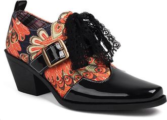 Generic Womens Square Toe Spring Shoes Floral Print Patent Leather Panel Lace Tie Buckle Strap Low Block Heel Cushioned Insole Anti-Slip Durable Sole,Orange,6