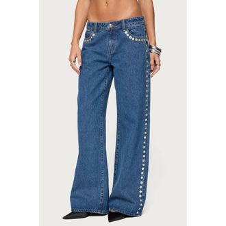 Edikted Iridescent Button Low Rise Wide Leg Jeans in Blue-Washed at Nordstrom, Size X-Large