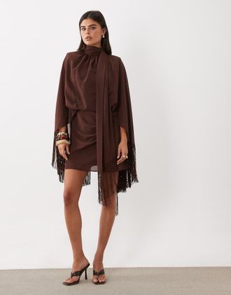 Asos vestito corto con spalline imbottite, collo annodato e maniche con frange marrone