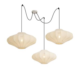 QAZQA Qazqa Japandi L&aacute;mpara Colgante Japandi Beige 50cm 3 Luces - Plu Textil /met&aacute;lica Redonda Adecuado Para Led Max. 3 X 15 Watt