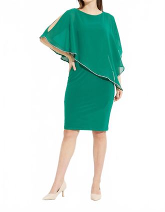 Joseph Ribkoff Sheath Ruched Cape Dress In Jade Stone