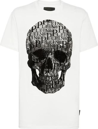 Philipp Plein T-Shirt Ronde Hals SS Skull and Plein met Kristallen - unisex - T-shirts - Wit - XL - Katoen - Tops