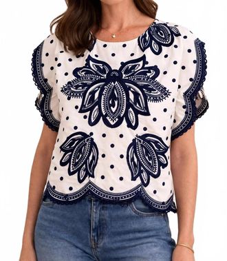 THML Clothing Short Sleeve Embroidery Detail Top In Blue/ Ivory