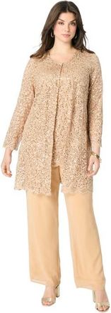 Roaman's Plus Size 3 Piece Allover Sequin Lace Jacket And Tank Pant Set in Sparkling Champagne at Nordstrom, Size 36