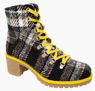Eric Michael Women Indigo Lace Up Boots In Yellow Plaid
