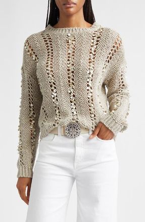 Eleventy Paillette Hand Knit Cotton & Linen Blend Pointelle Sweater in 02 Sand at Nordstrom, Size X-Small
