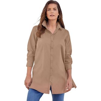 Roaman's Kate Long-Sleeve Crisp Cotton-Blend Button-Front Tunic in Brown Sugar at Nordstrom, Size 32
