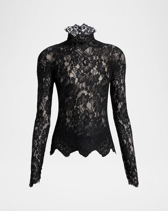 Saint Laurent Turtleneck Sheer Lace Long-Sleeve Top
