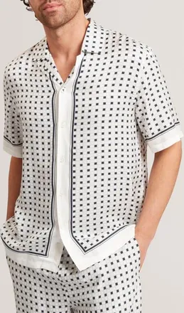 Ted Baker Ferran Geometric Print Cotton & Linen Camp Shirt in Ecru at Nordstrom, Size 5