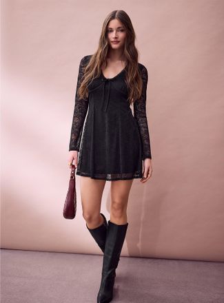 Icone Womens Stretch lace bowed V-neck skater minidress