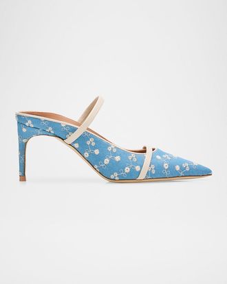 Malone Souliers 70mm Aurora Embroidered Denim Mule Pumps