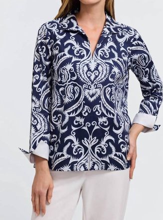 Foxcroft Agnes Printed Damask Long Sleeve Shirt In Blue