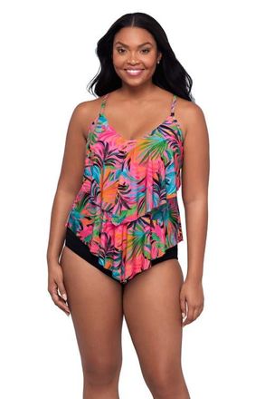 Trimshaper Ronnie 2 Tier Ruffle Tankini Swimsuit Top in Amazonian Palms at Nordstrom, Size 12