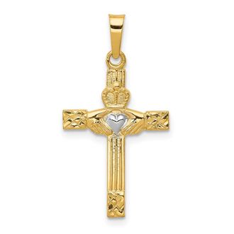 Diamond2Deal 14k Yellow Gold and Rhodium Polished Claddagh Cross Pendant