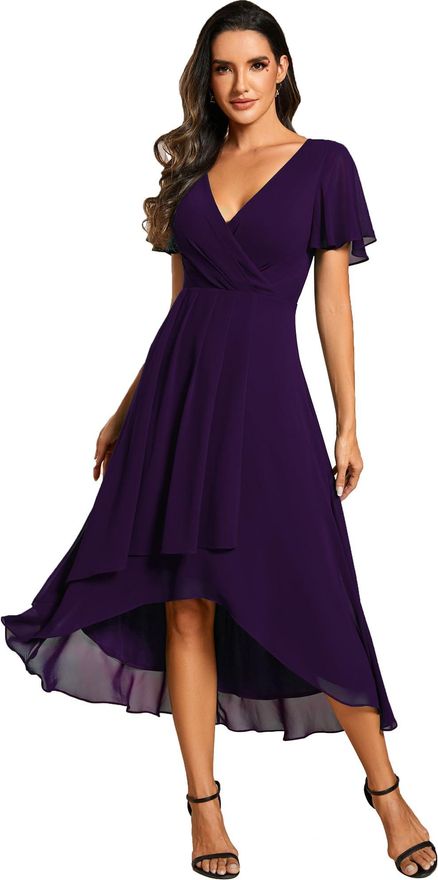 Ever-pretty Womens Chiffon V-Neck Short Wedding Guest Dress with Ruffled  Sleeves Bridesmaid Dark Purple 18UK from £59.99